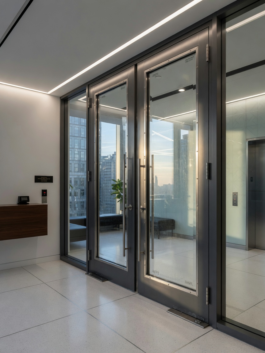Modern NYC office building interior with elegant custom steel security doors featuring large impact-rated vision lights allowing natural light, minimalist design, clean architectural photography, 8K