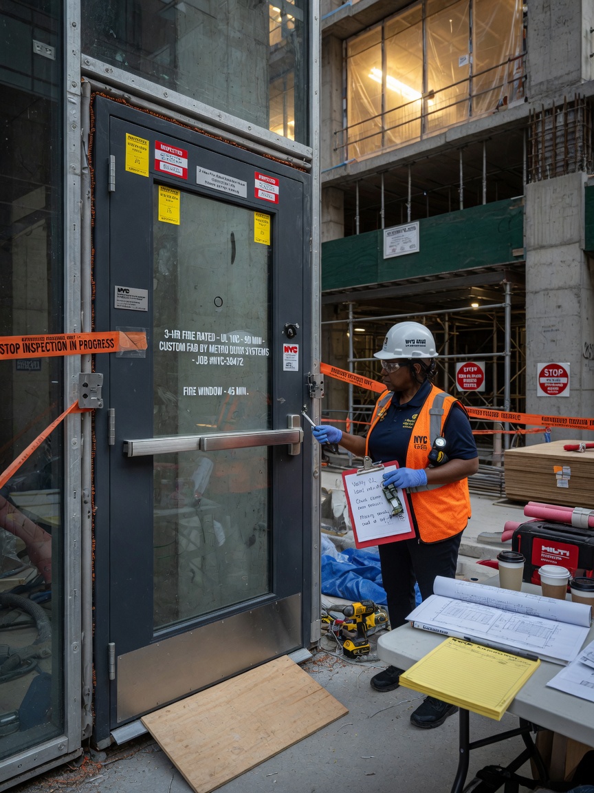 Ultra-realistic 8K photo of New York City building inspector examining fire-rated custom commercial door installation, construction site environment, detailed architectural documentation style