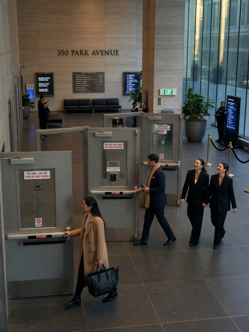 Ultra-realistic 8K image of a Midtown Manhattan office building lobby featuring multiple compliant fire-rated steel doors with panic hardware, modern architectural style, people walking