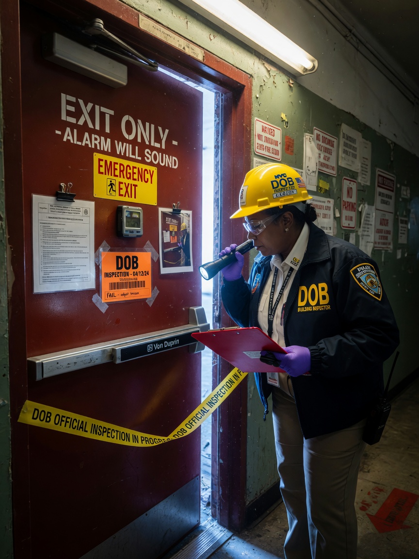 Dramatic 8K photograph of a New York City building inspector examining commercial exit hardware during an official inspection, official DOB uniform visible