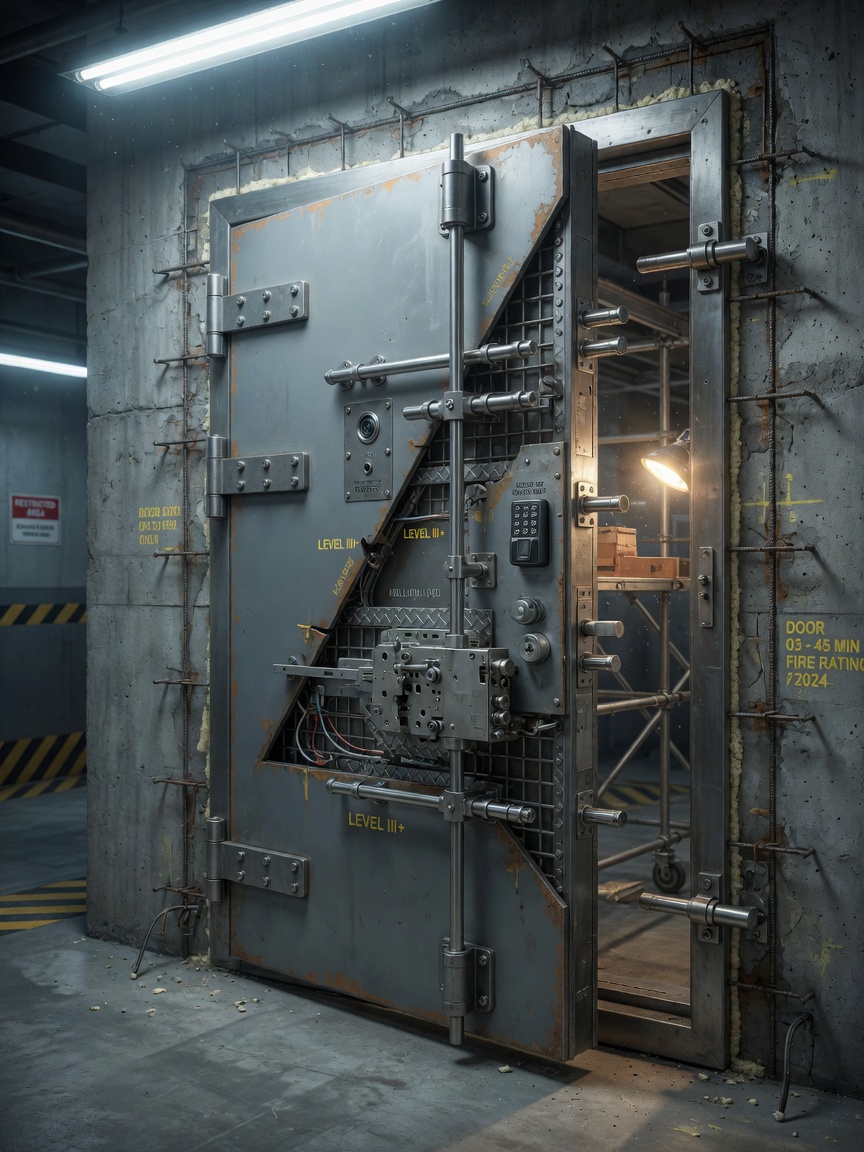 Ultra-realistic 8K architectural rendering of a high-security steel door installation with multi-point locking system, cutaway view showing internal reinforcement and construction details