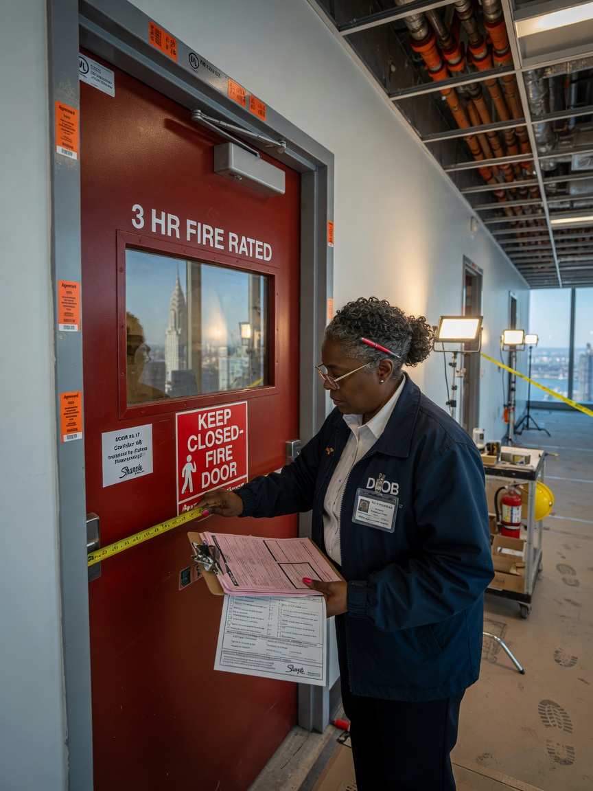 Ultra-realistic 8K photo of a New York City building inspector examining a newly installed fire-rated door during final inspection, clipboard in hand, professional setting in Manhattan office tower