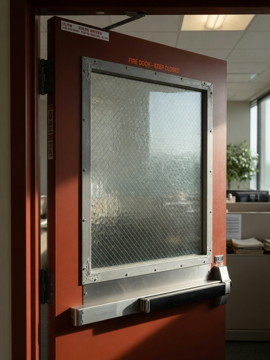 Ultra-realistic 8K photograph of a fire-rated door with large approved vision light using wired glass and steel glazing beads, professional office environment in background, natural window light