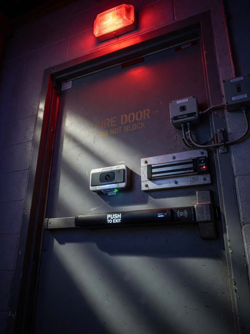 Integration of smart exit device on a heavy steel fire door with electromagnetic lock and exit sensor, red emergency lighting, dramatic shadows, ultra-realistic 8K detail