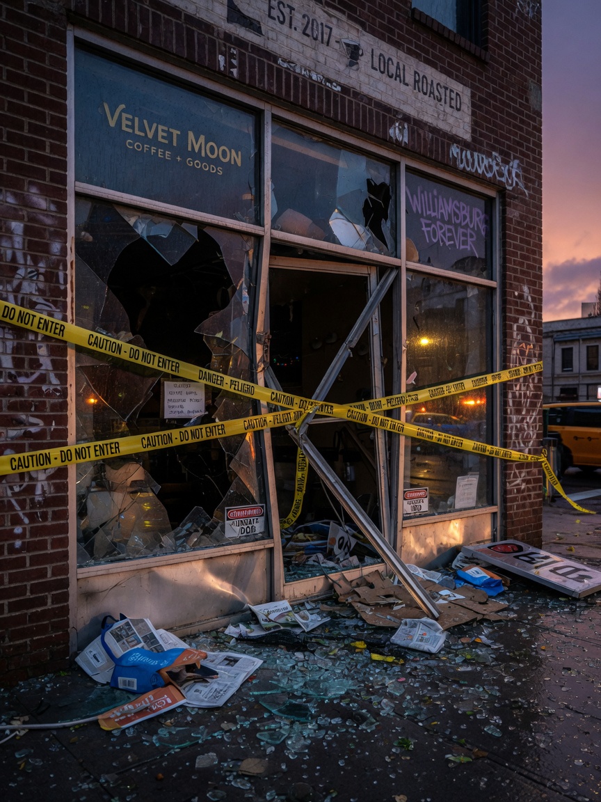 Ultra-realistic 8K image of failed aluminum storefront glass shattered on a Williamsburg retail building after storm damage, caution tape, realistic urban aftermath scene