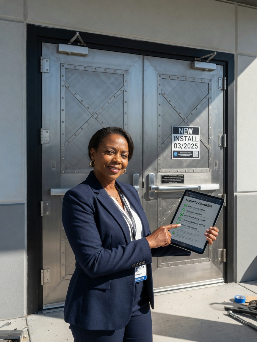 Business owner reviewing security checklist on tablet while standing in front of newly installed custom steel commercial doors, confident expression, bright daytime lighting, photorealistic 8K