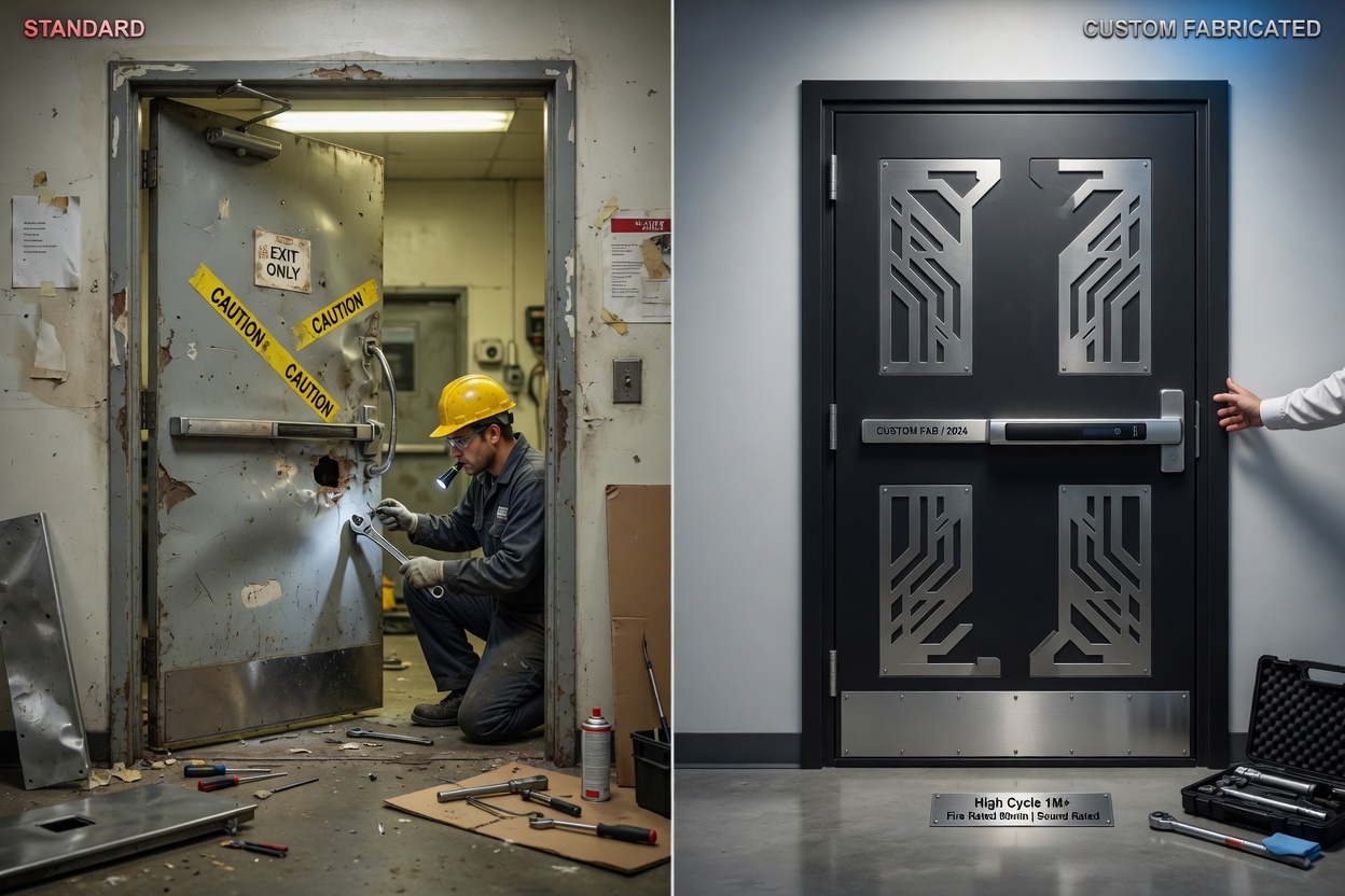 Split-screen ultra-realistic 8K comparison image showing maintenance technician repairing standard door on left and clean custom fabricated door on right, side-by-side commercial door performance visualization