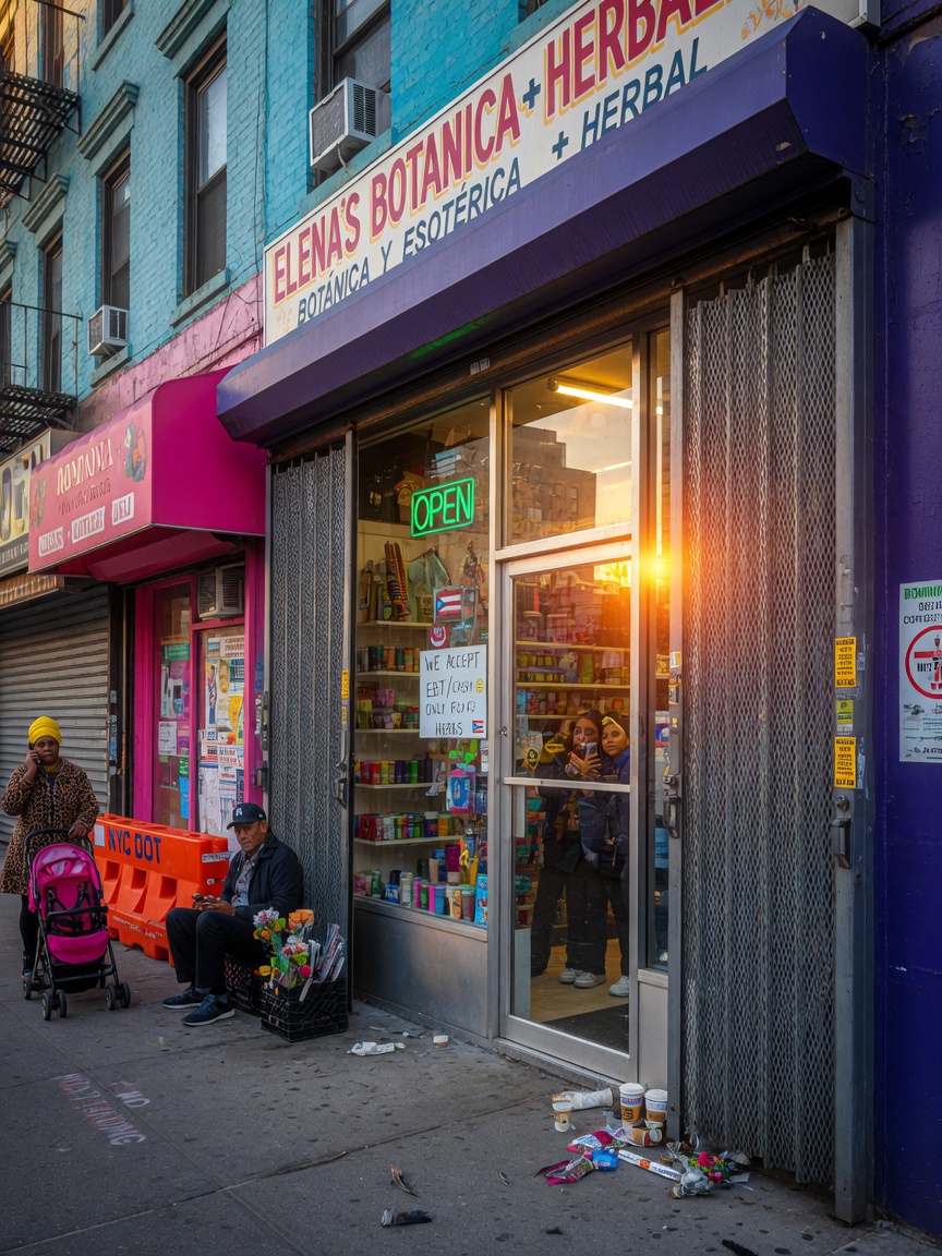 Dynamic 8K photograph of a Lower East Side retail store with code-compliant collapsible heavy gauge steel security gates fully retracted during business hours, vibrant street scene