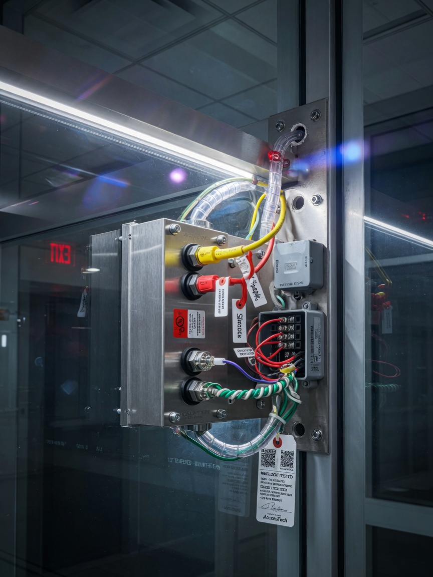 Ultra-detailed 8K image of electromagnetic maglock installation on a commercial glass door with fire alarm integration wiring clearly visible, technical installation photography