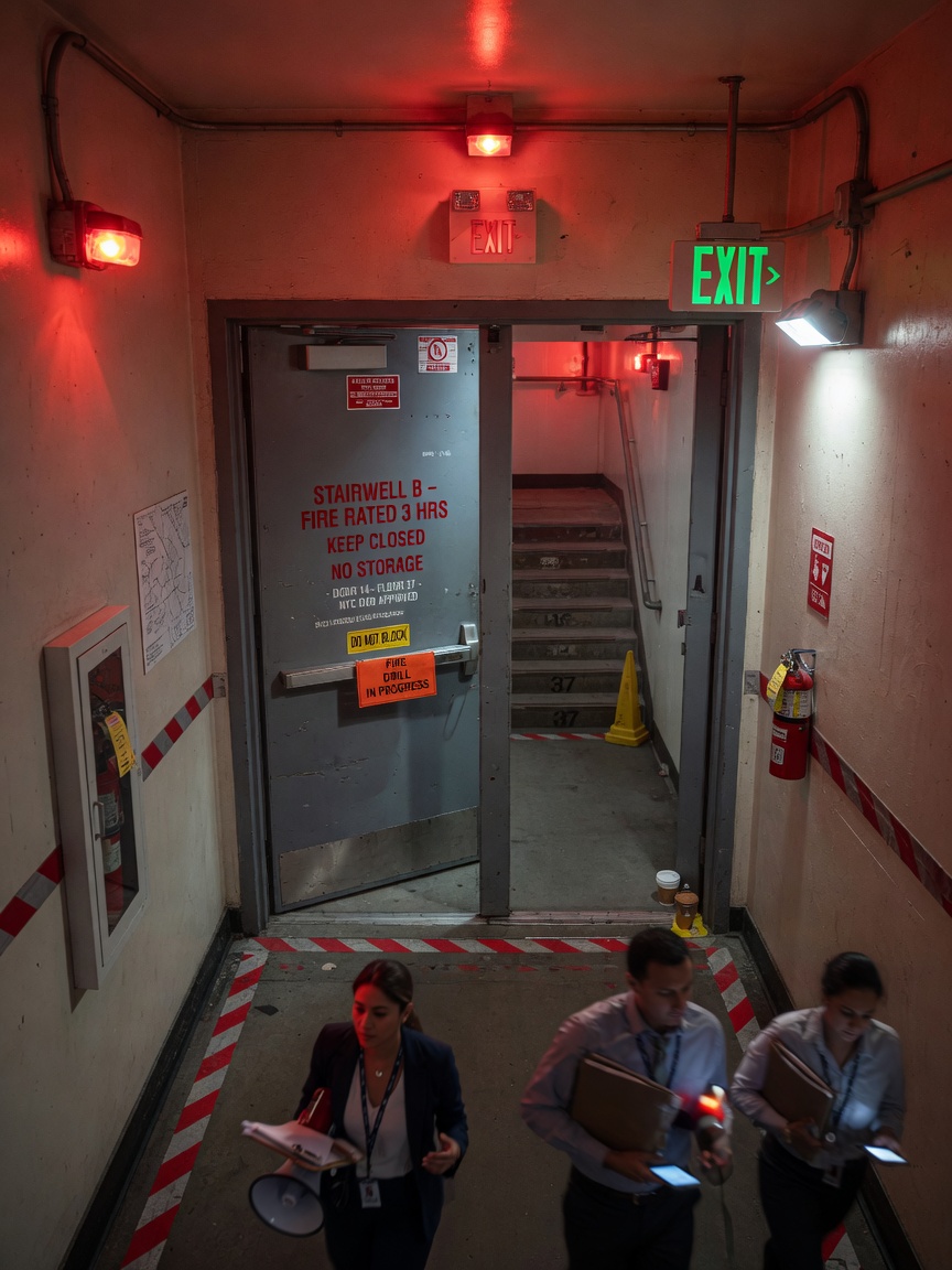 Cinematic 8K photo of fire-rated steel commercial doors in a Manhattan high-rise corridor during fire drill with emergency lighting, dramatic and realistic