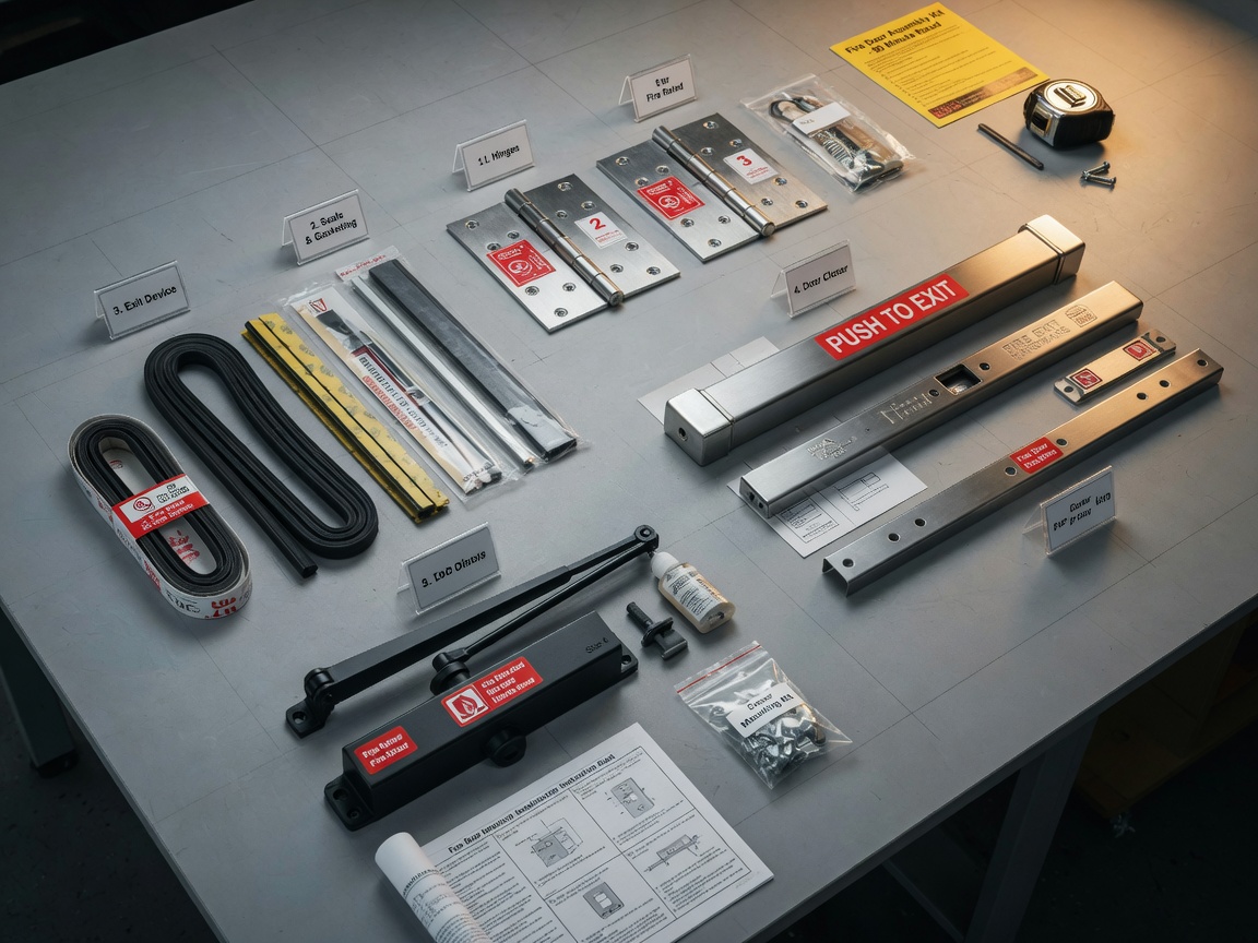 8K image of a complete fire door hardware kit laid out on a clean work table including closer, exit device, hinges, and seals, organized by installation sequence, technical product photography