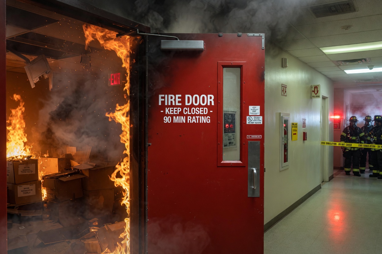 8K dramatic cinematic image of a commercial building fire simulation showing fire and smoke being contained by a properly closed fire-rated door, intense orange flames on one side, safe corridor on the other