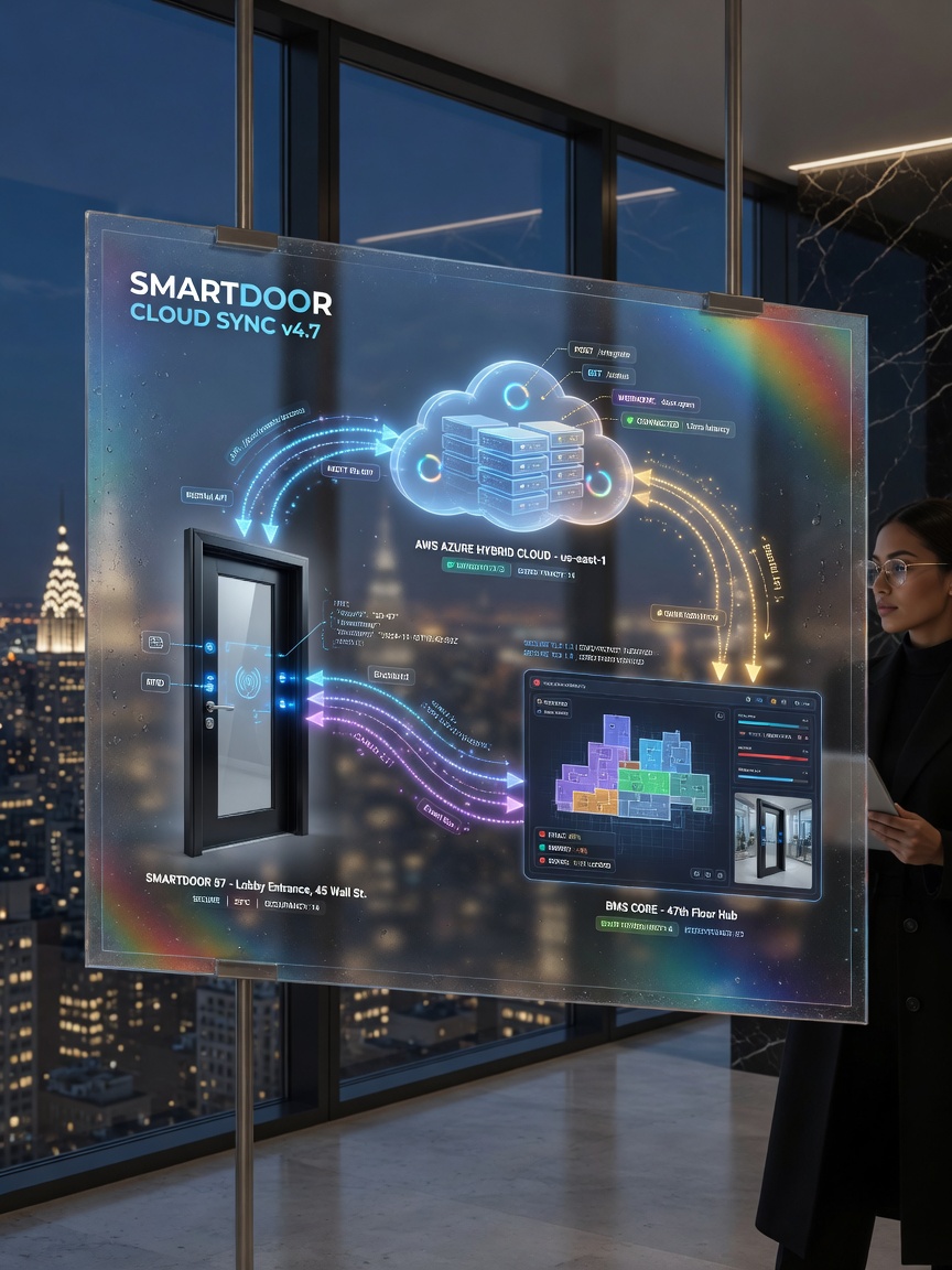 Modern API integration concept showing digital connections between smart commercial doors, cloud servers, and building management system on a transparent holographic display in a Manhattan skyscraper, futuristic 8K