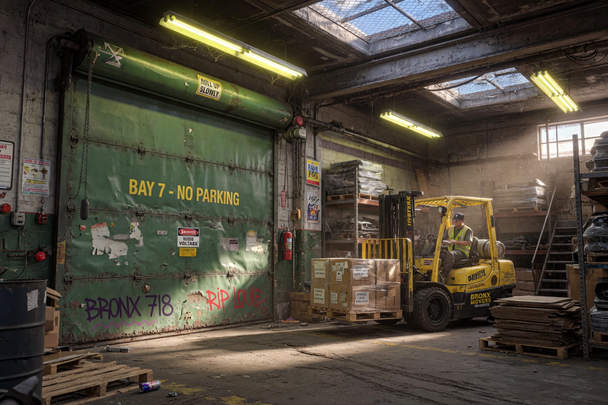 Professional ultra-realistic 8K photograph of warehouse interior with heavy steel roll-up door in the Bronx, industrial lighting, forklift in background, high detail