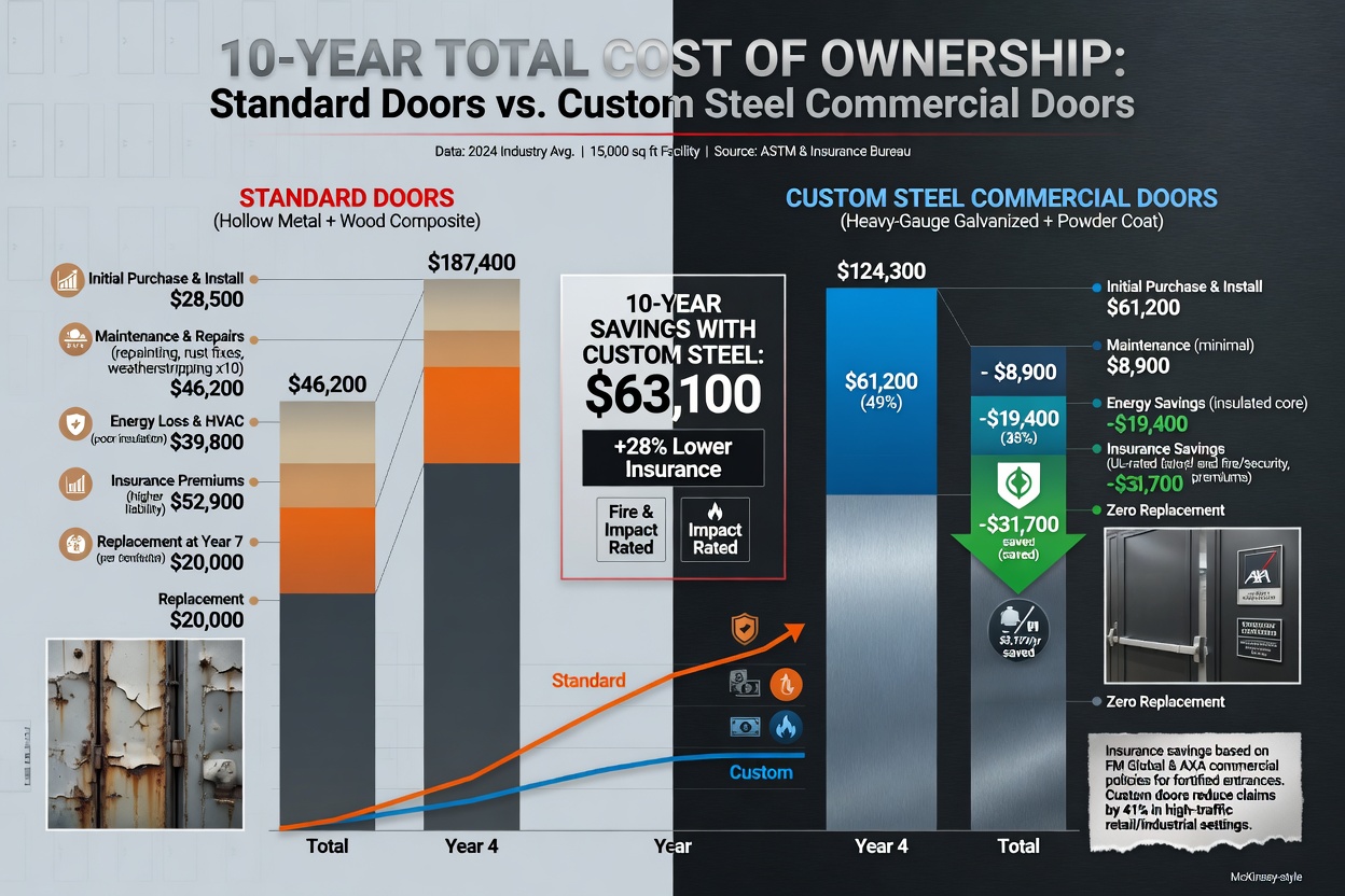 Infographic-style image showing cost breakdown comparing standard doors versus custom steel commercial doors over 10 years including insurance savings, realistic data visualization, clean design, 8K