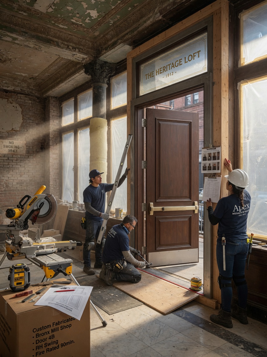 Ultra-realistic 8K photograph of custom fabricated commercial door installation team working in historic Manhattan building renovation, precise craftsmanship, natural construction lighting