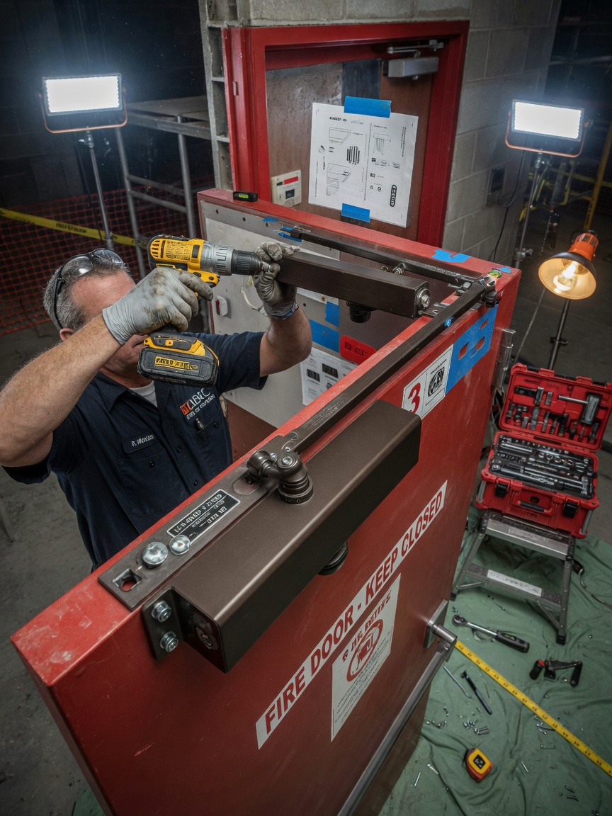 Ultra-realistic 8K image of technician installing adjustable commercial door closer on heavy steel fire door, tools visible, precise installation process, construction setting