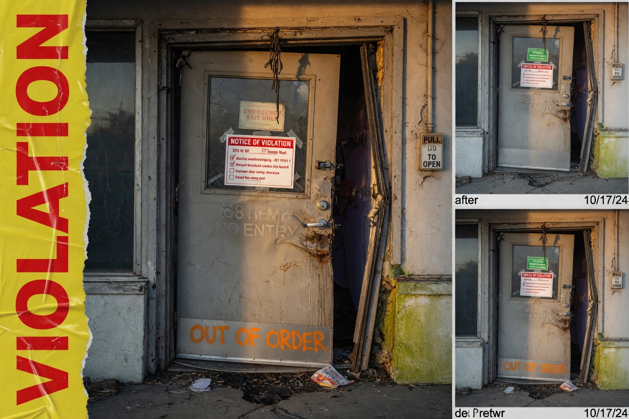 Hyper-realistic 8K photograph of damaged non-compliant commercial door with missing weatherstripping, warped threshold and visible code violations, before-and-after context