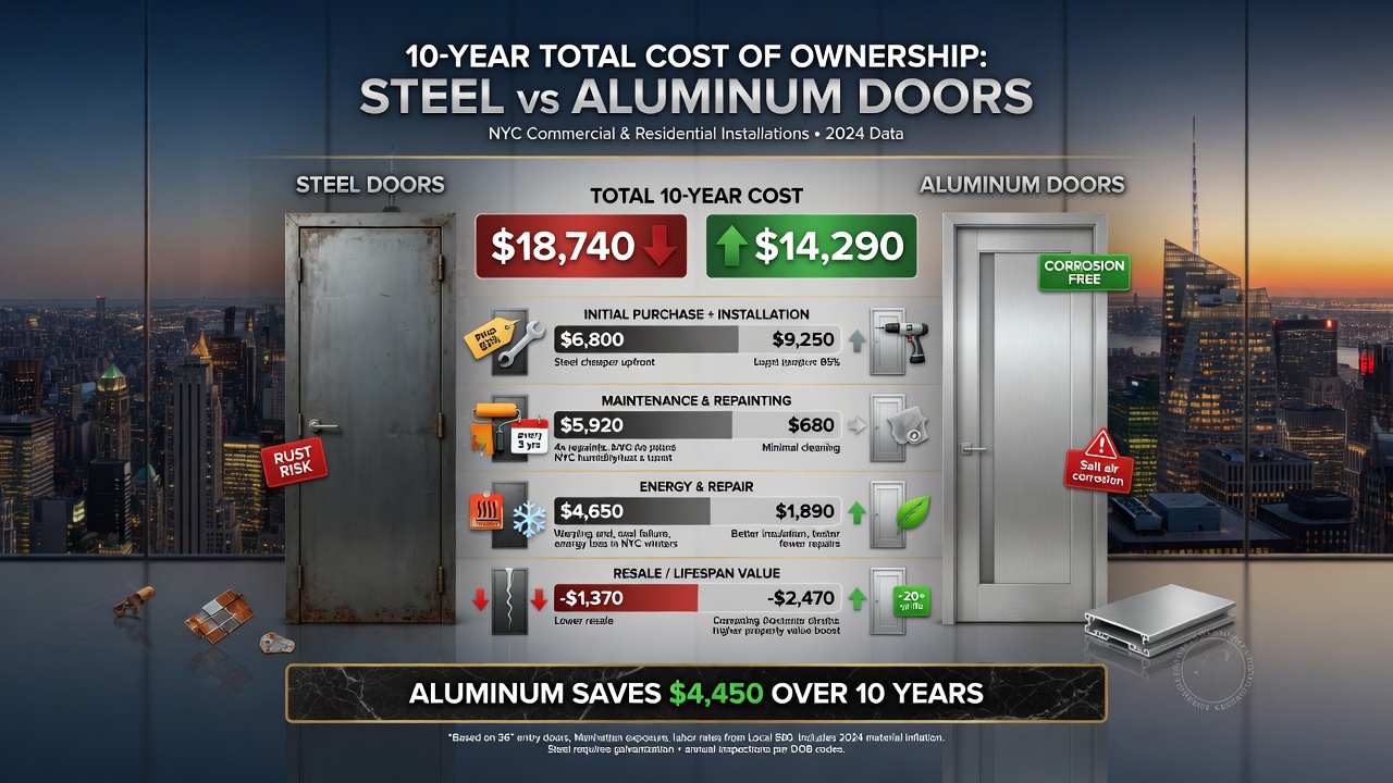 8K product comparison infographic style image showing 10-year total cost of ownership breakdown between steel and aluminum doors with realistic icons and NYC skyline background