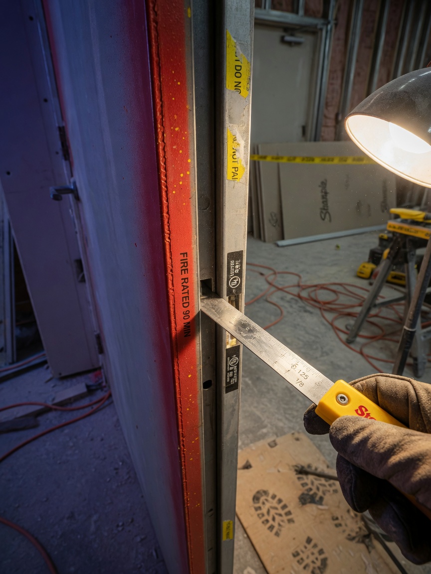 Ultra-realistic 8K photograph showing correct 1/8 inch clearance between fire-rated door edge and frame with feeler gauge being used, extreme detail, construction site context