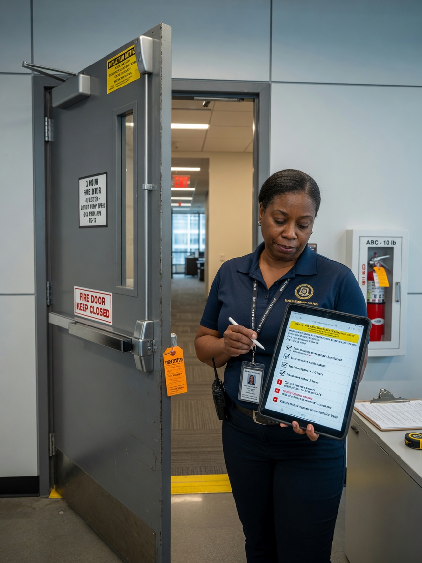 Professional 8K ultra-realistic image of a NYC building manager reviewing fire door inspection checklist on a tablet while standing next to an open fire-rated door, modern office interior