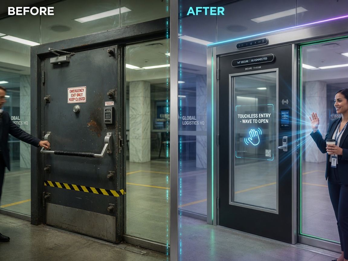 Before and after split image showing traditional heavy steel door versus upgraded IoT smart commercial door with touchless entry, professional commercial setting, 8K photorealistic