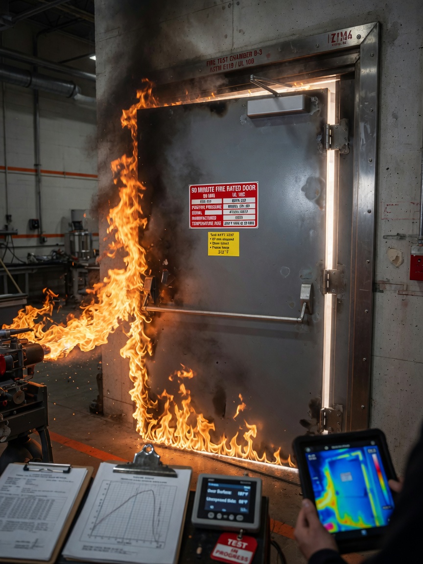 Ultra-realistic 8K image of fire-rated steel door with 90-minute label during fire testing in laboratory setting, flames visible but door intact, technical documentation style