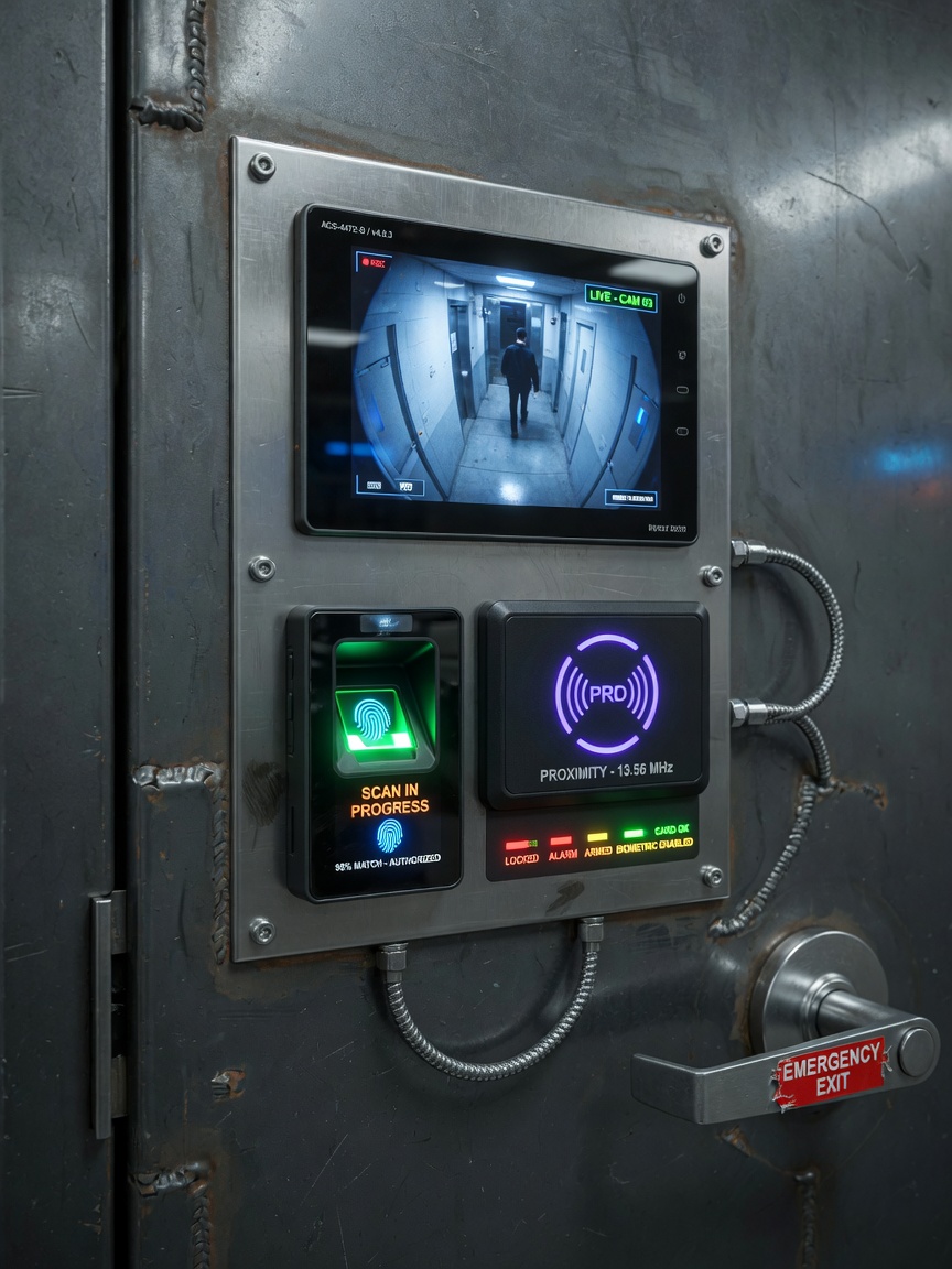 Integrated access control system on a heavy steel door with biometric fingerprint reader, RFID panel, and video intercom, glowing interface, futuristic yet realistic, ultra-detailed 8K